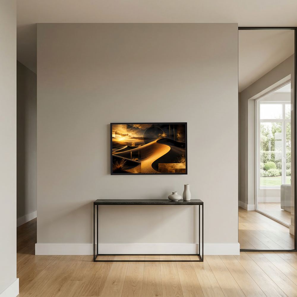Wandposter mit gold-schwarzer Wüstenlandschaft im dunklen Rahmen, Querformat