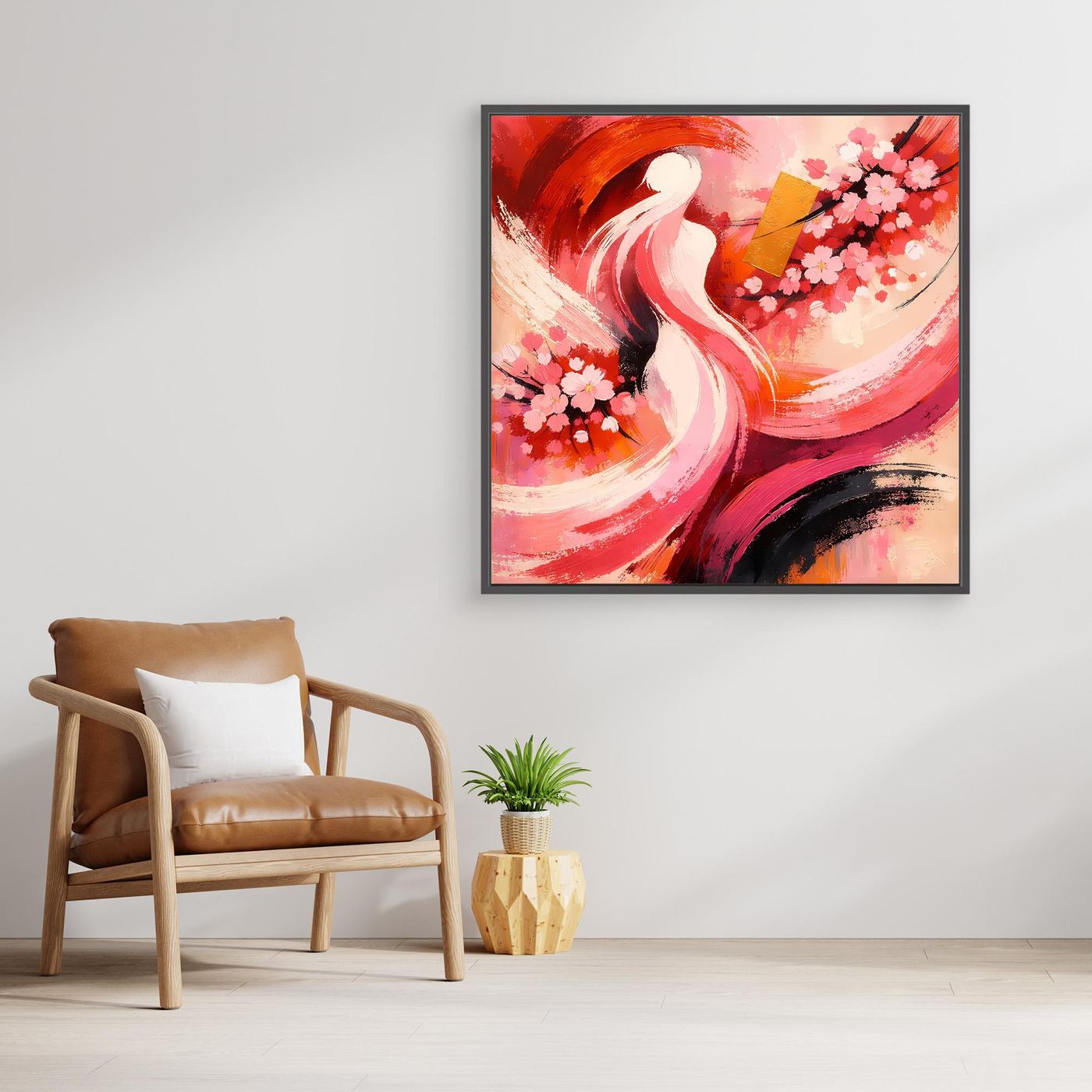 Japanisches Leinwand-Wandbild mit Kirschblüten und abstrakter Silhouette, rot-rosa, im schwarzen Rahmen