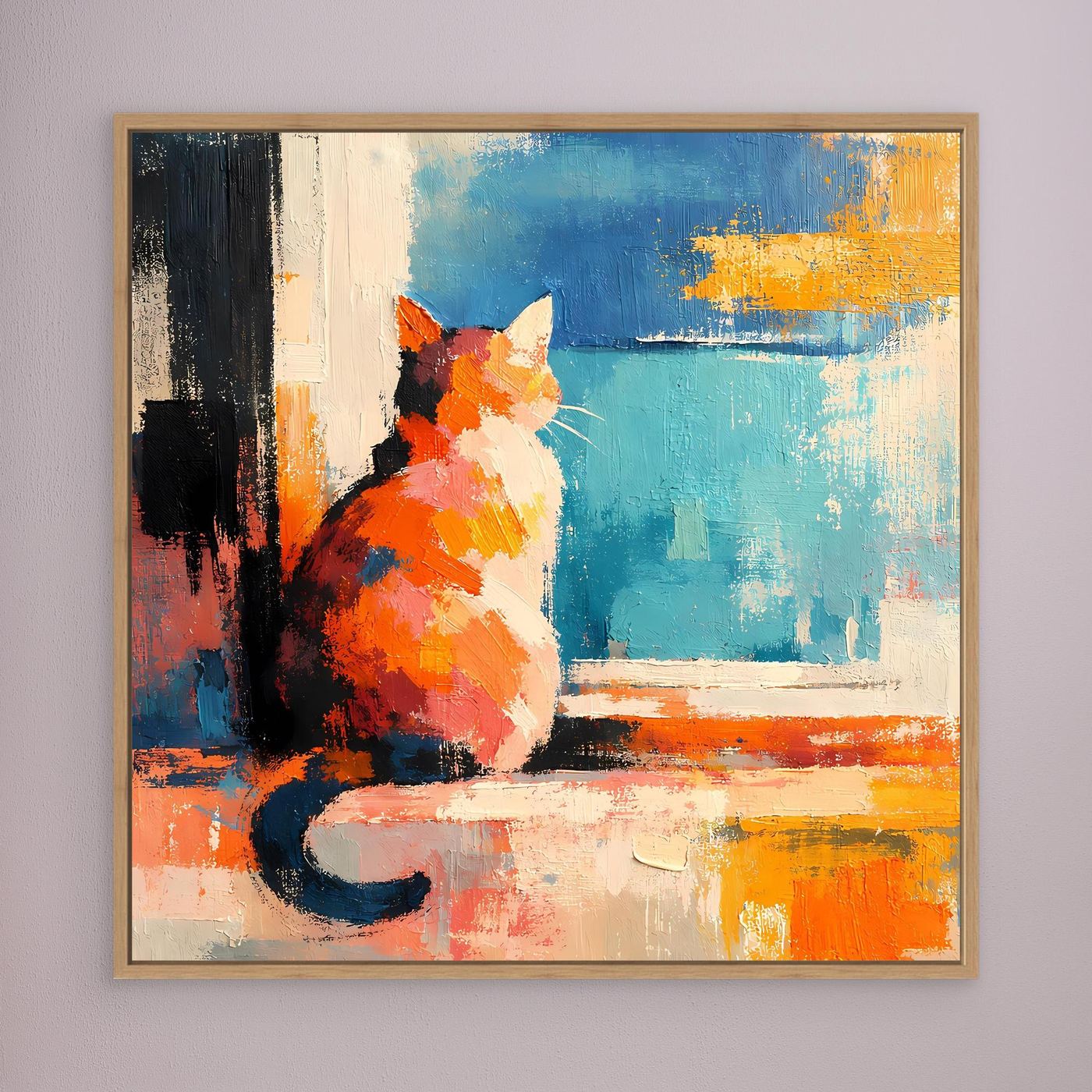 Abstract cat wall art, orange and blue window scene, cat sitting, light wood frame