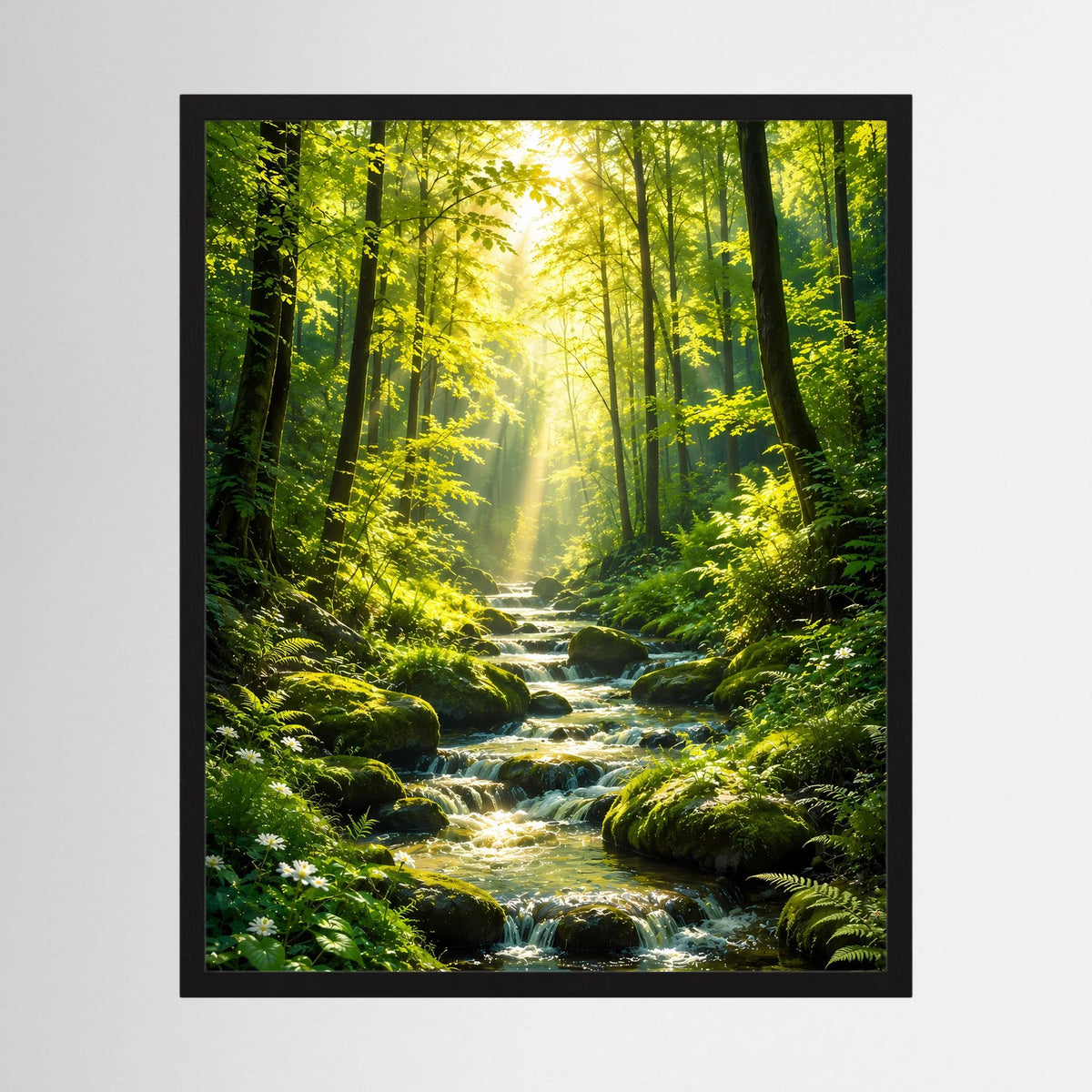 Vertikales Poster im schwarzen Rahmen: Waldbach zwischen grünen Bäumen und Sonnenstrahlen