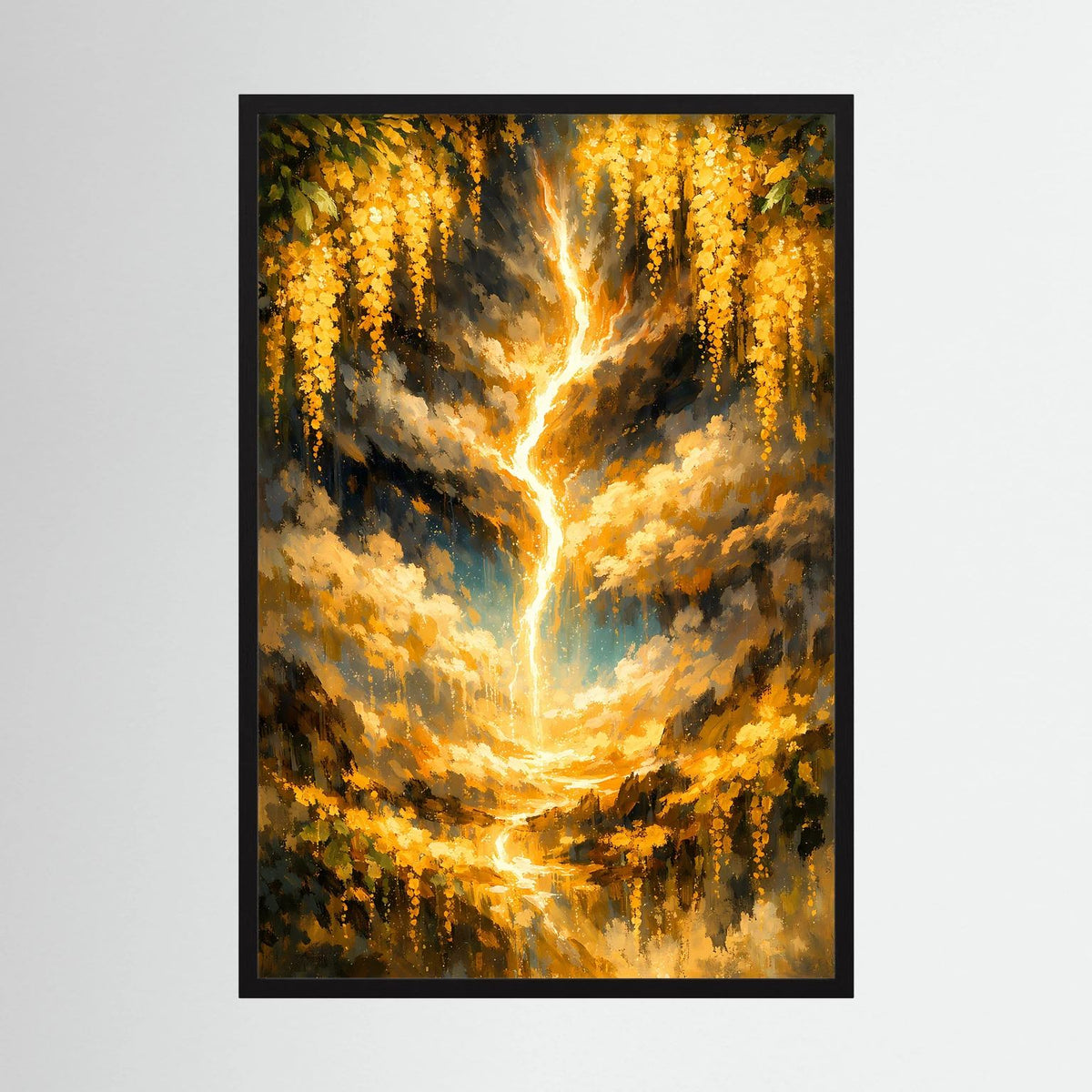 Hochformat-Poster mit goldenem Lebensbaum und flammendem Lichtschein, in schwarzem Rahmen