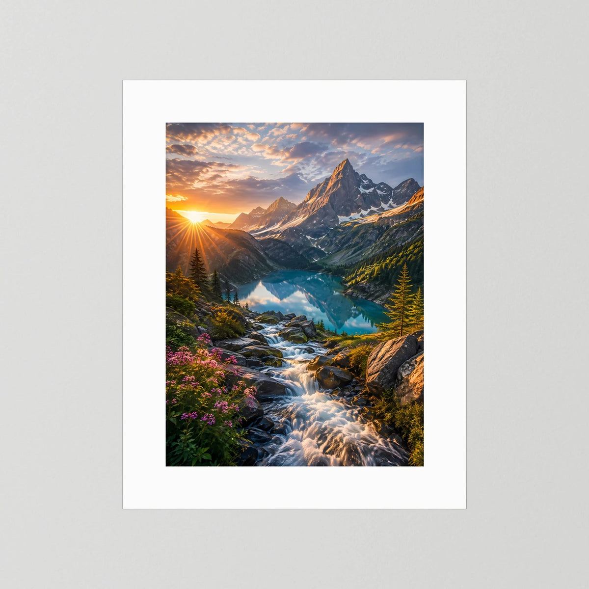 Vertikales Poster ohne Rahmen mit weißem Rand; Berglandschaft, türkisfarbener See und Wasserfall