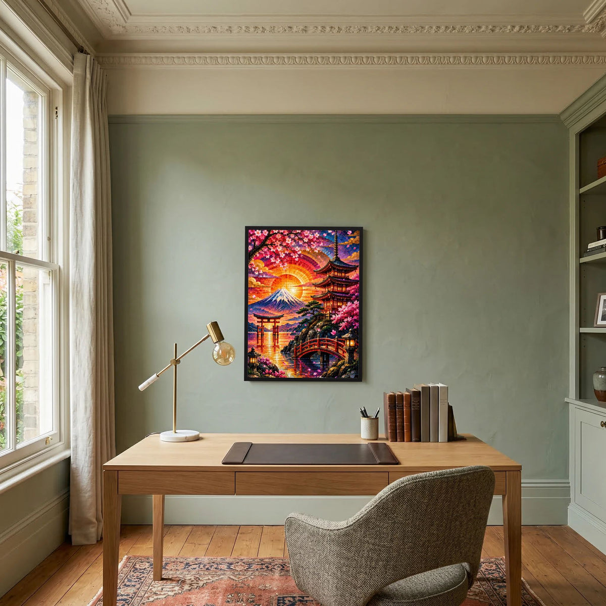 Wandposter im Hochformat mit schwarzem Rahmen, Mosaik-Landschaft mit Pagode und Sakura