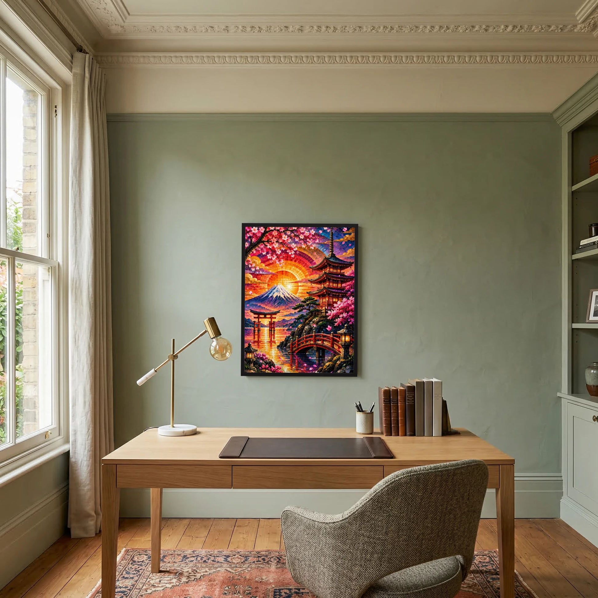 Wandposter im Hochformat mit schwarzem Rahmen, Mosaik-Landschaft mit Pagode und Sakura