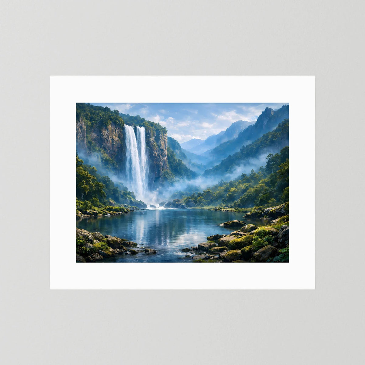 Wandbild im Querformat mit Wasserfall im Bergwald, weißes Passepartout, ohne Rahmen