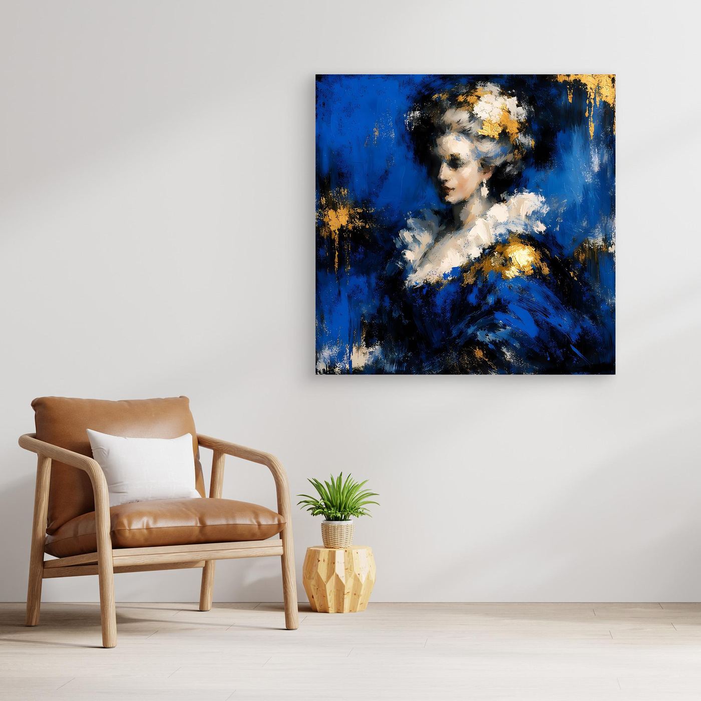 Leinwand Elegante Barock-Dame in Blau und Gold | Abstraktes Porträt Wandbild