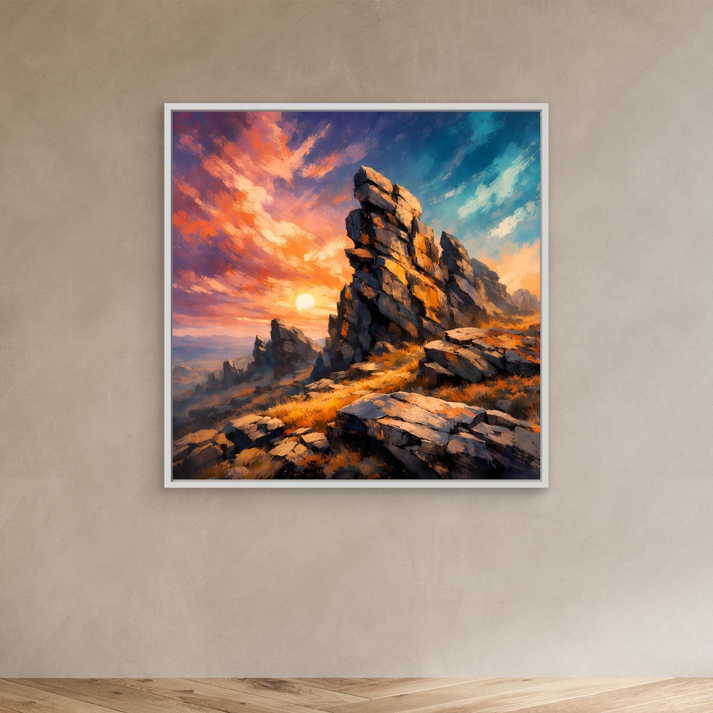Premium Leinwand Monumentale Felsformation im Sonnenuntergang | Abstraktes Gebirge Wandbild