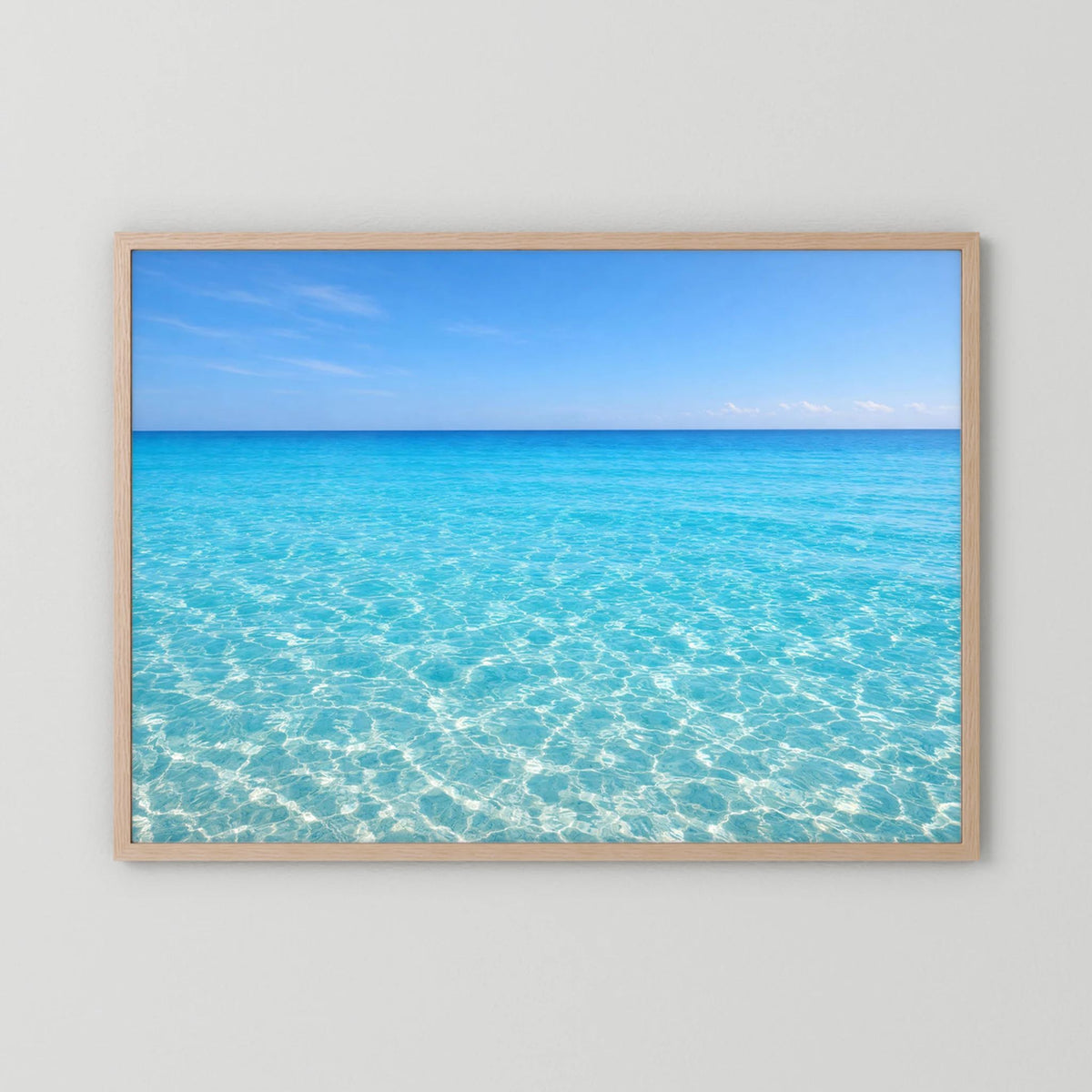 Wandbild mit Meerwasser-Motiv in Blau, rechteckig, hellbrauner Holzrahmen