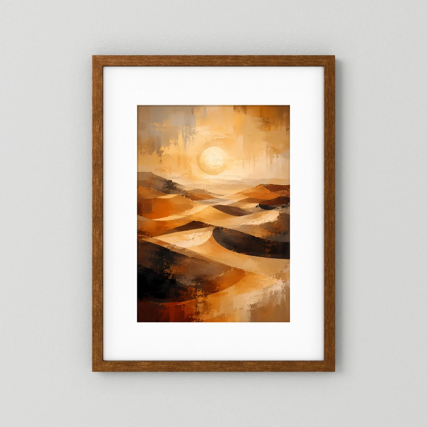 Abstraktes Wüstenlandschafts-Poster mit Holzrahmen und weißem Passepartout, Gold-Orange