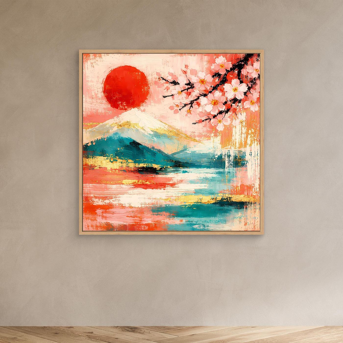 Abstraktes Leinwandbild mit Fuji, Kirschblüten und roter Sonne im hellen Rahmen