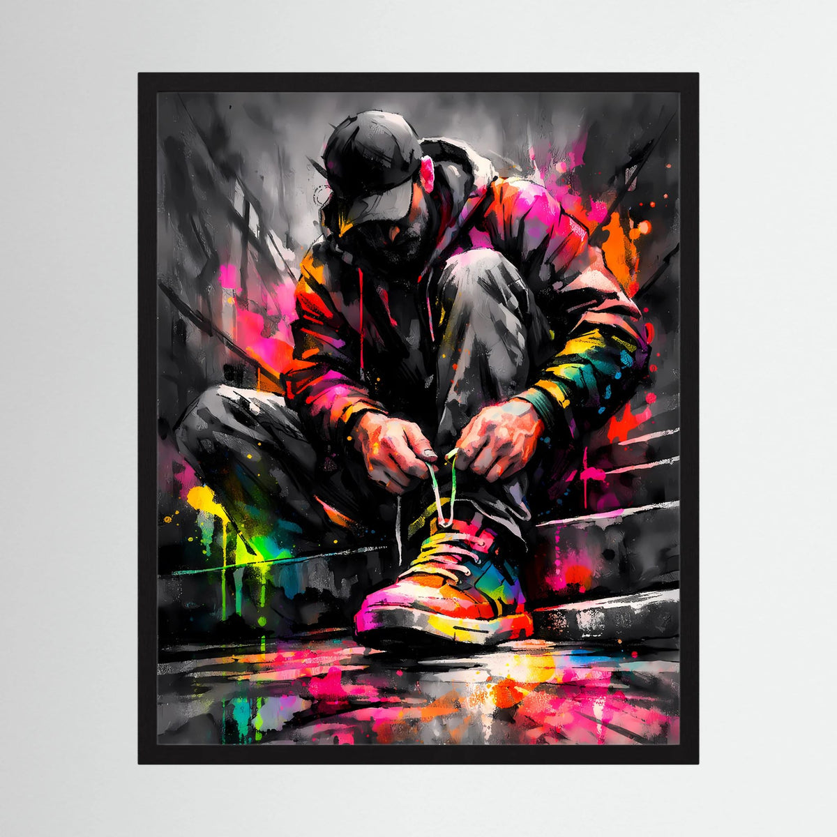 Gestaltetes Poster im schwarzen Rahmen: Person mit Kopfhörern, bunte Sneaker, Farbspritzer