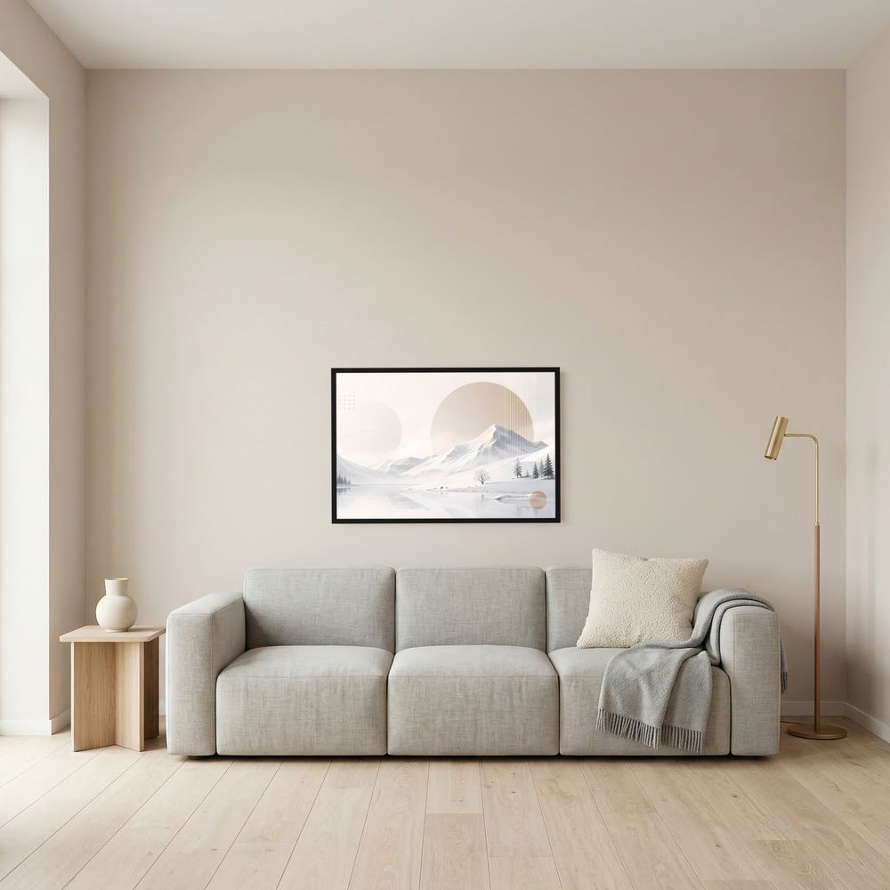 Kleines Poster mit winterlicher Berglandschaft in Weiß und Beige, schwarzer Rahmen