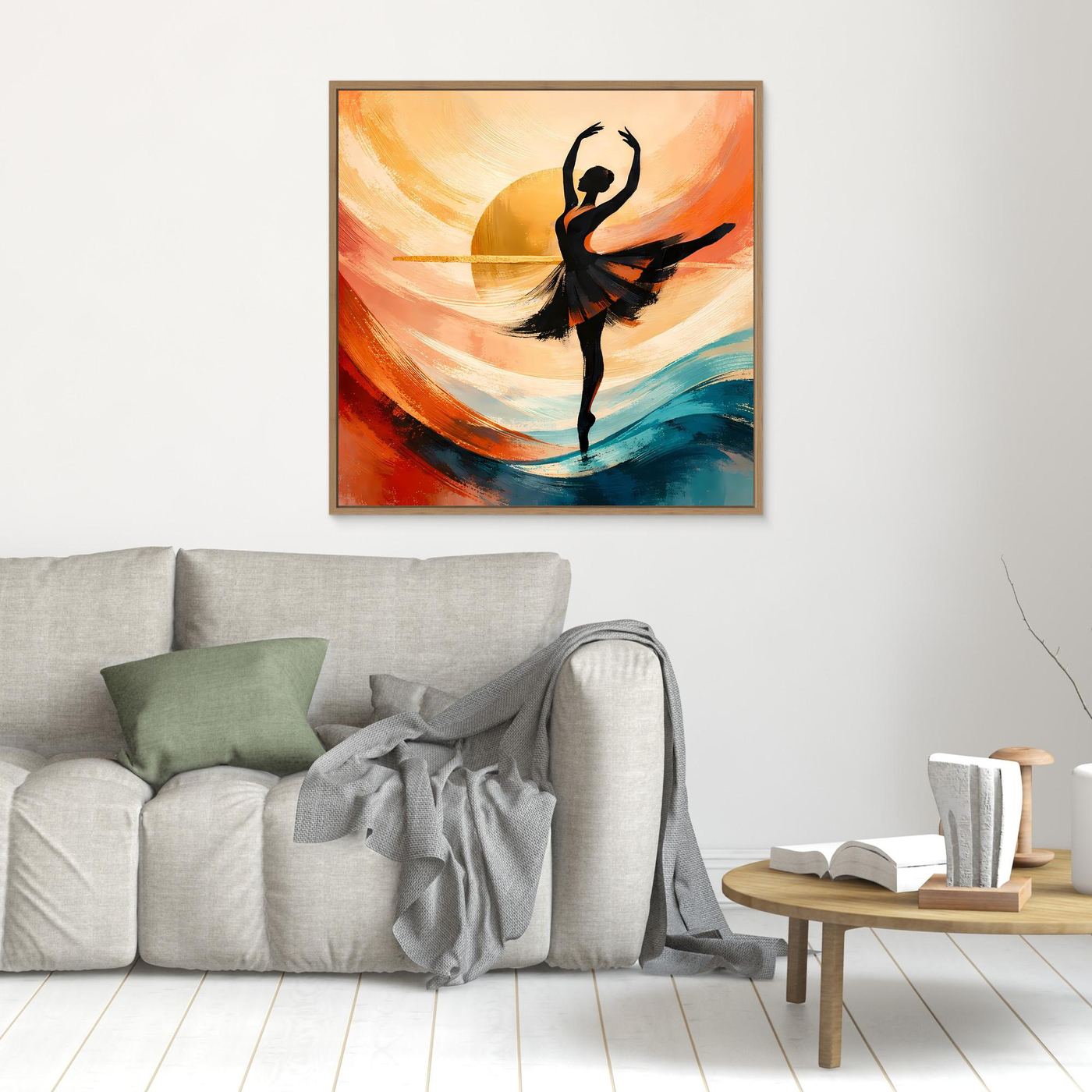 Wandbild mit Ballerina-Silhouette, abstrakten Pinselstrichen in Orange/Türkis, holzfarben gerahmt