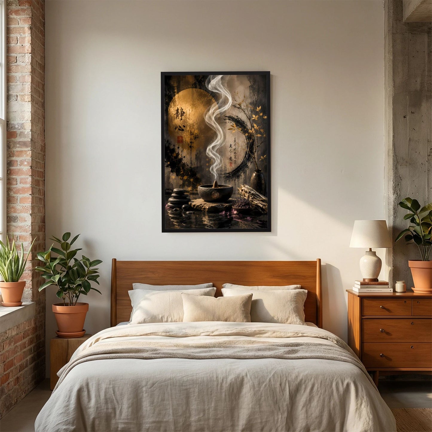 Poster im schwarzen Rahmen: goldenes Kreis-Motiv mit Räucherrauch, Schale und Steinhaufen
