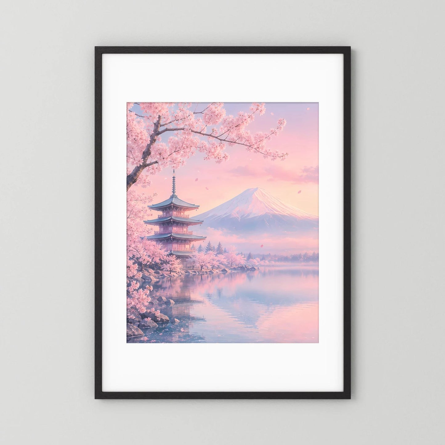 Schwarz gerahmtes Hochformat-Poster mit weißem Rand, Kirschblüten, Pagode und Berg