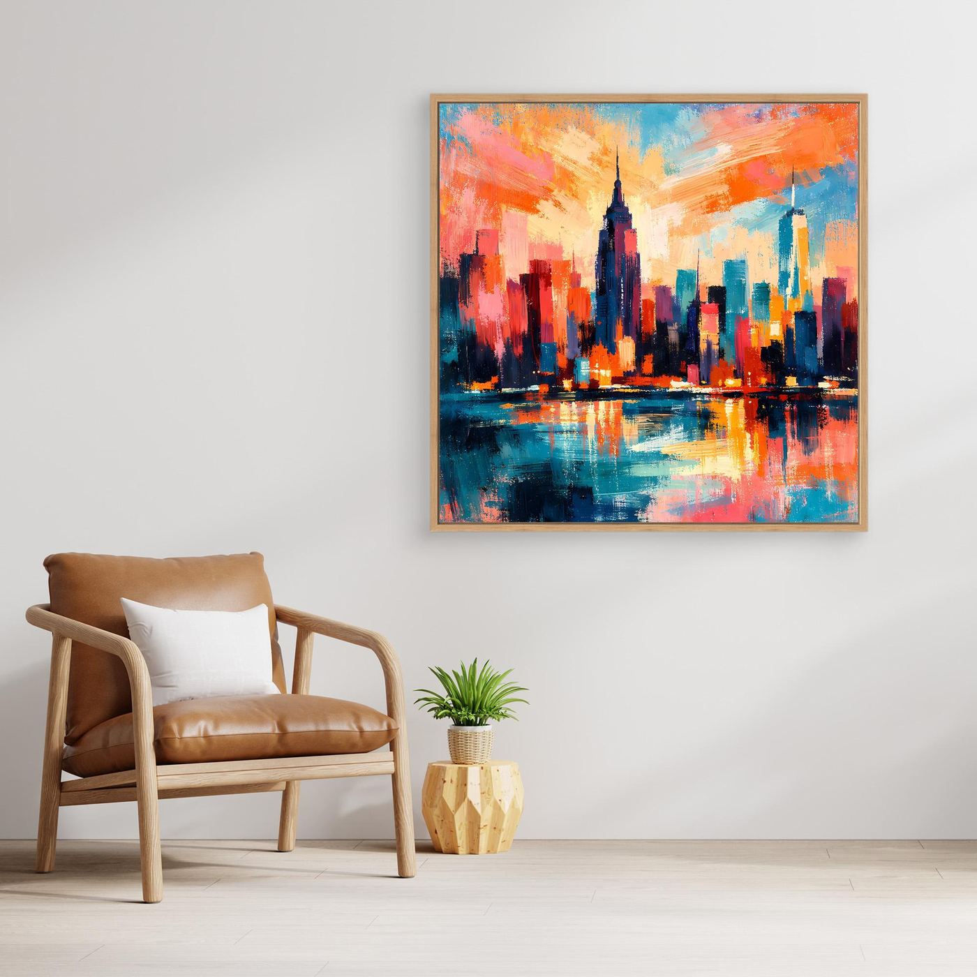 Abstraktes Leinwand-Wandbild mit hellem Holzrahmen: Skyline in Blau und Orange, Wasserspiegel