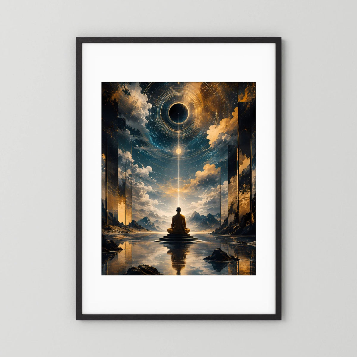 Hochformatiges Poster mit Mönch im Lotussitz, Wasserreflexion und Lichtportal, schwarzer Rahmen