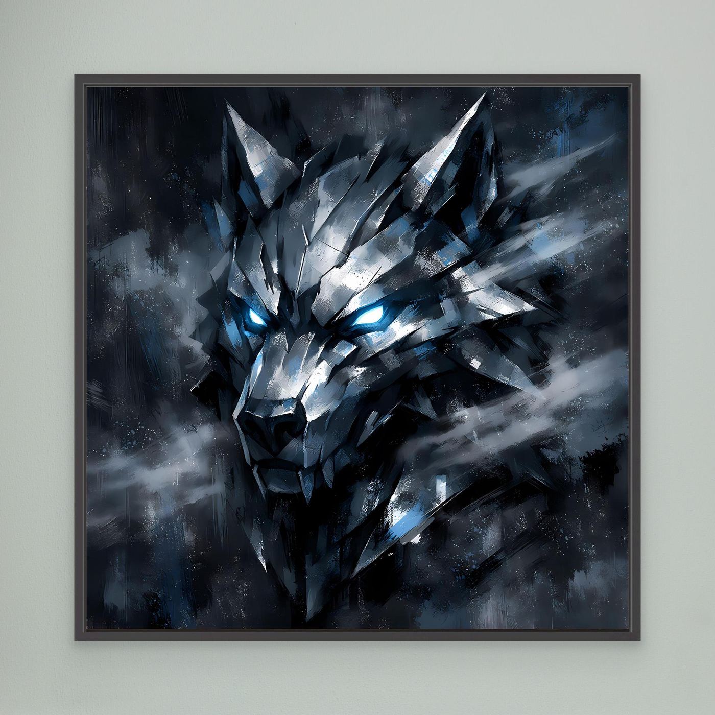 Wandbild mit geometrischem Wolf, blau leuchtende Augen, schwarzer Rahmen