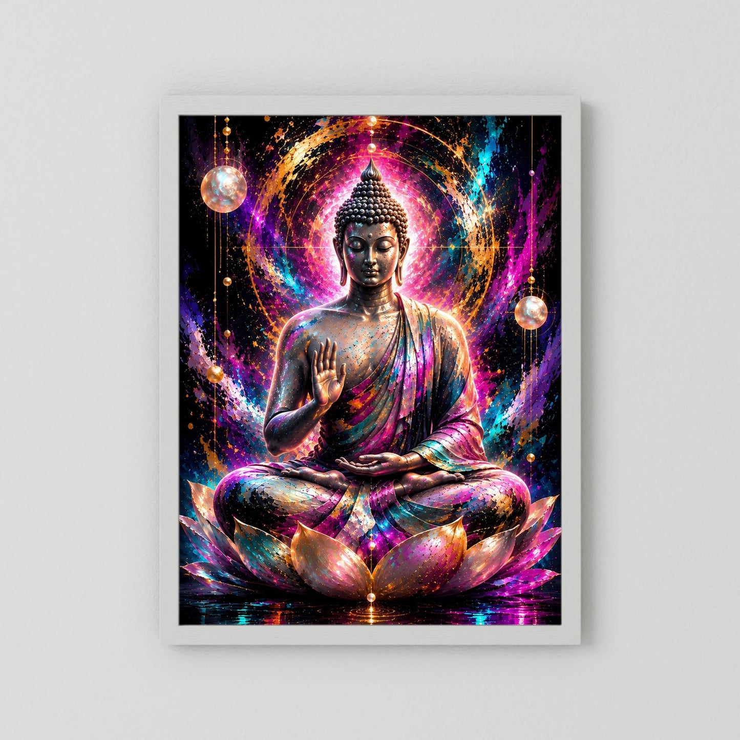 Neon-Buddha-Poster: Buddha im Lotussitz mit Mandala-Licht, ohne sichtbaren Rahmen