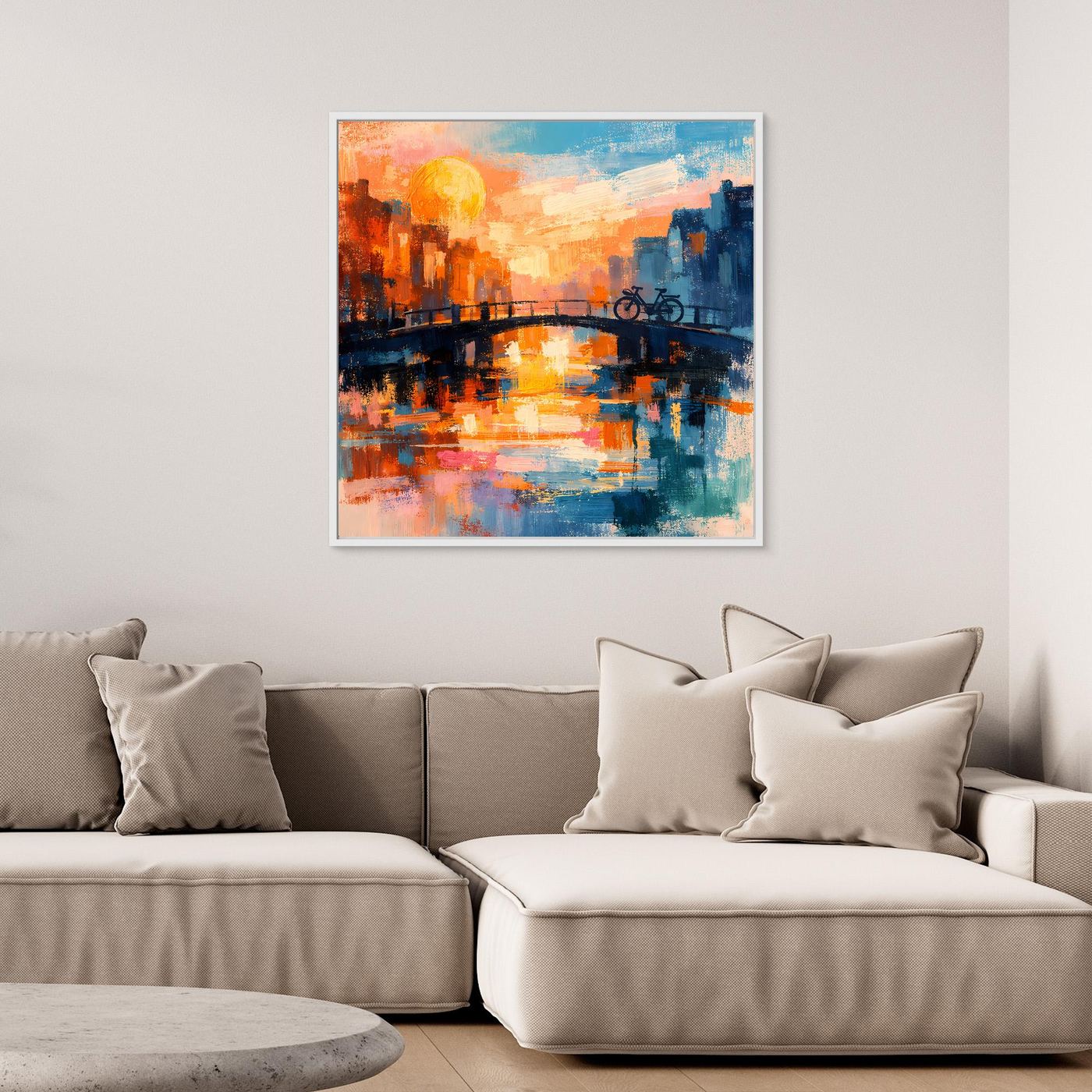 Leinwand Abstraktes Amsterdam Gemälde | Modernes Romantisches Grachten Wandbild mit Fahrrad