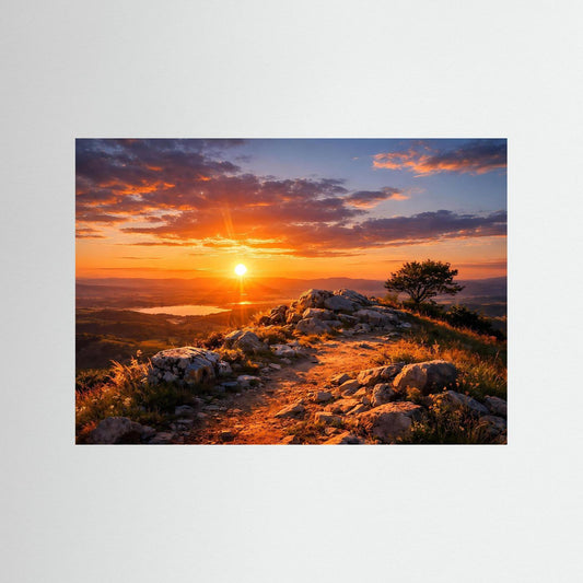 Naturposter Sonnenuntergang über felsigem Pfad mit dunklem Außenrand