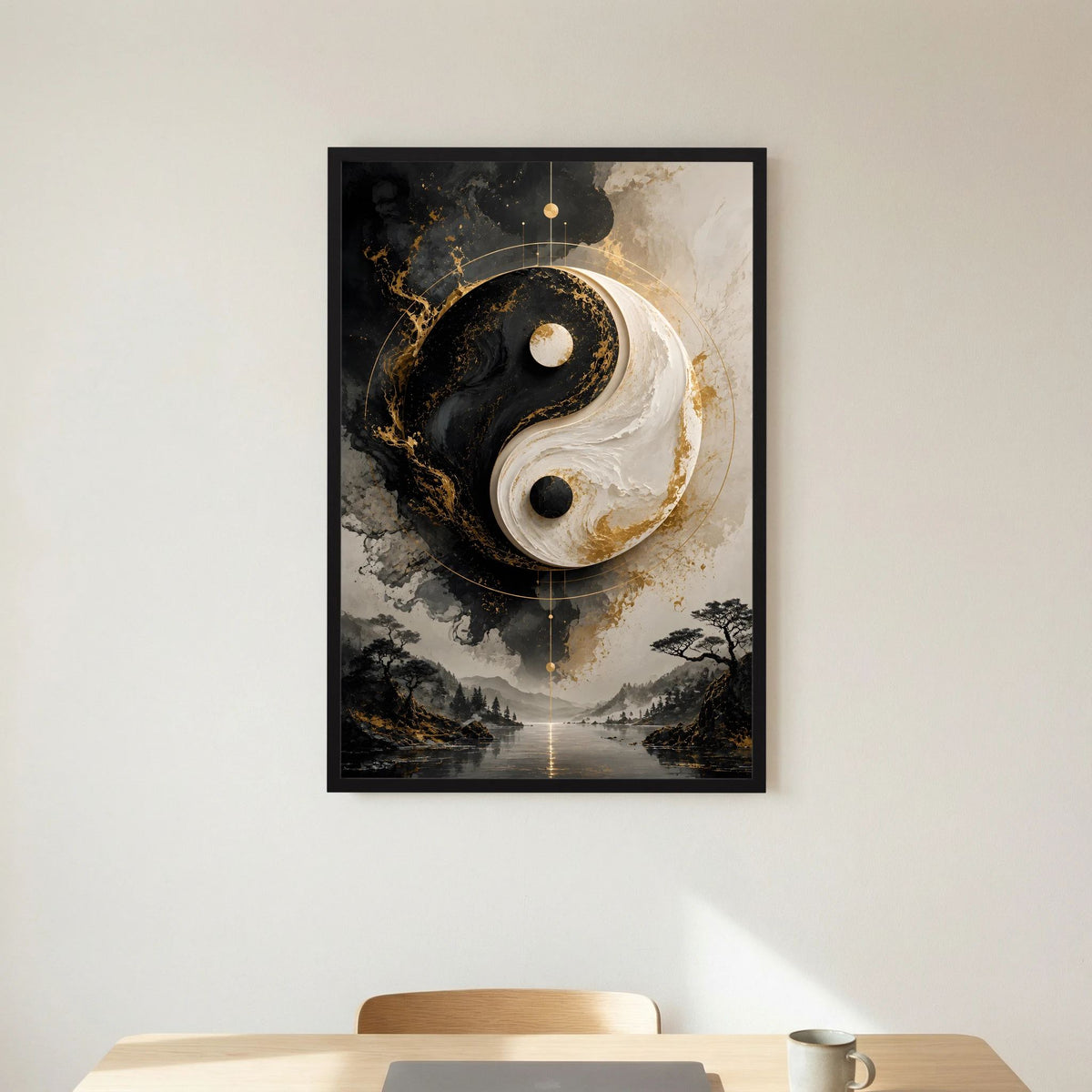 Yin-Yang-Poster Hochformat mit goldenen Akzenten, in schwarzem Rahmen mit passepartout
