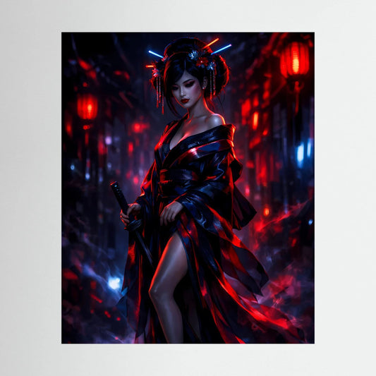 Neon-Wandbild mit Samurai-Kriegerin in dunklem Kimono, hält Katana, rot-blaues Licht