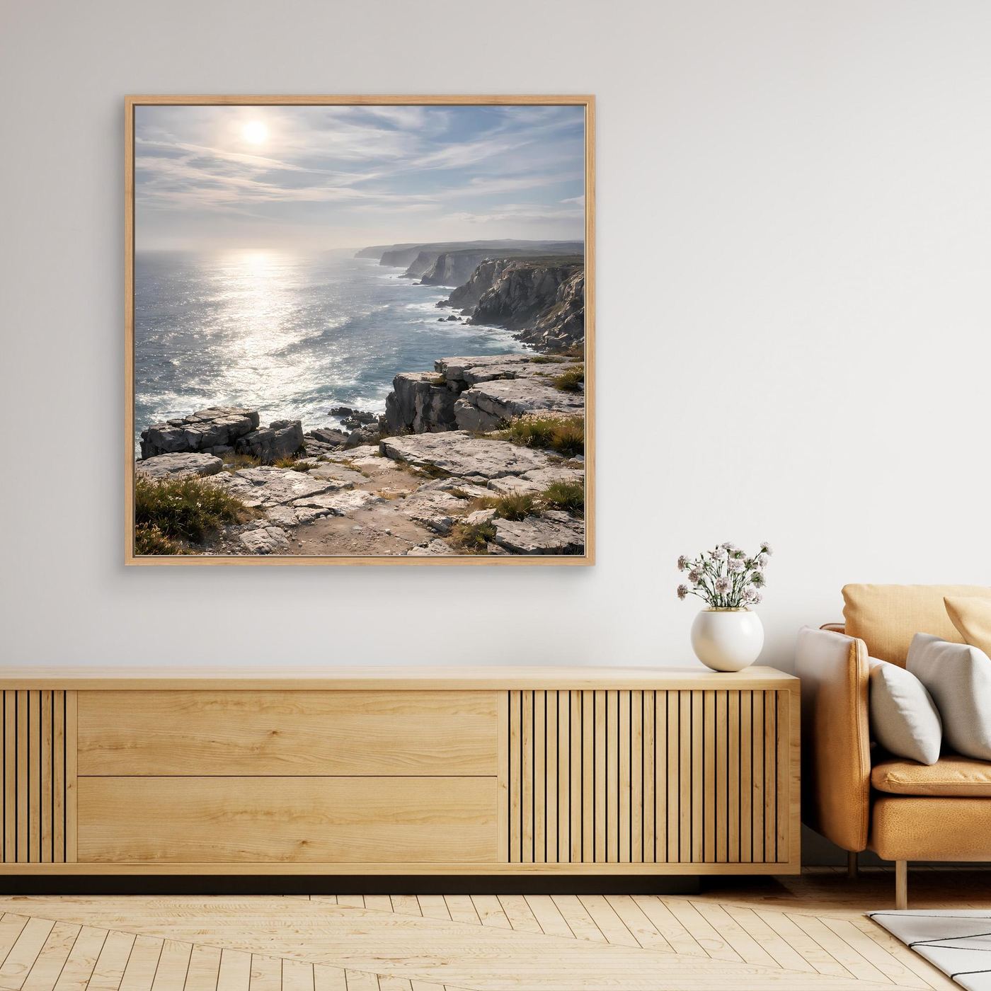 Leinwandbild mit steiler Küste, Meer und Klippen, Holzrahmen in Eiche