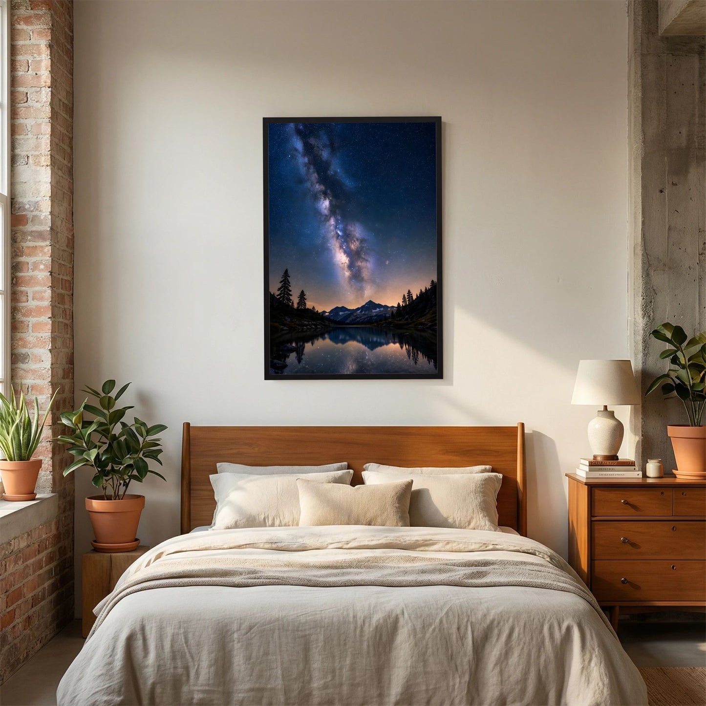 Poster im Hochformat mit Sternenhimmel über Bergsee, Berge und Tannen, schwarzer Rahmen