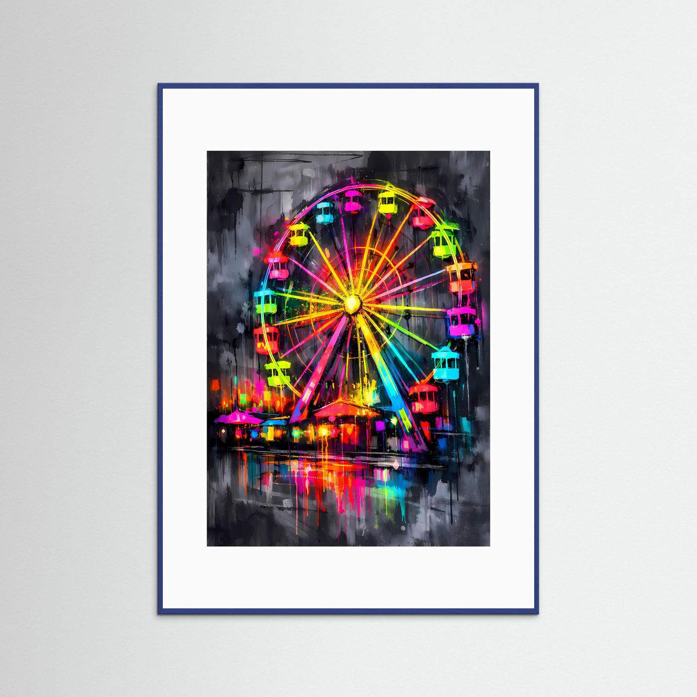 The Neon Ferris Wheel | Luxuriöses Riesenrad Poster Bunt & Dunkel | Abstraktes Jahrmarkt Kunstposter Hochformat