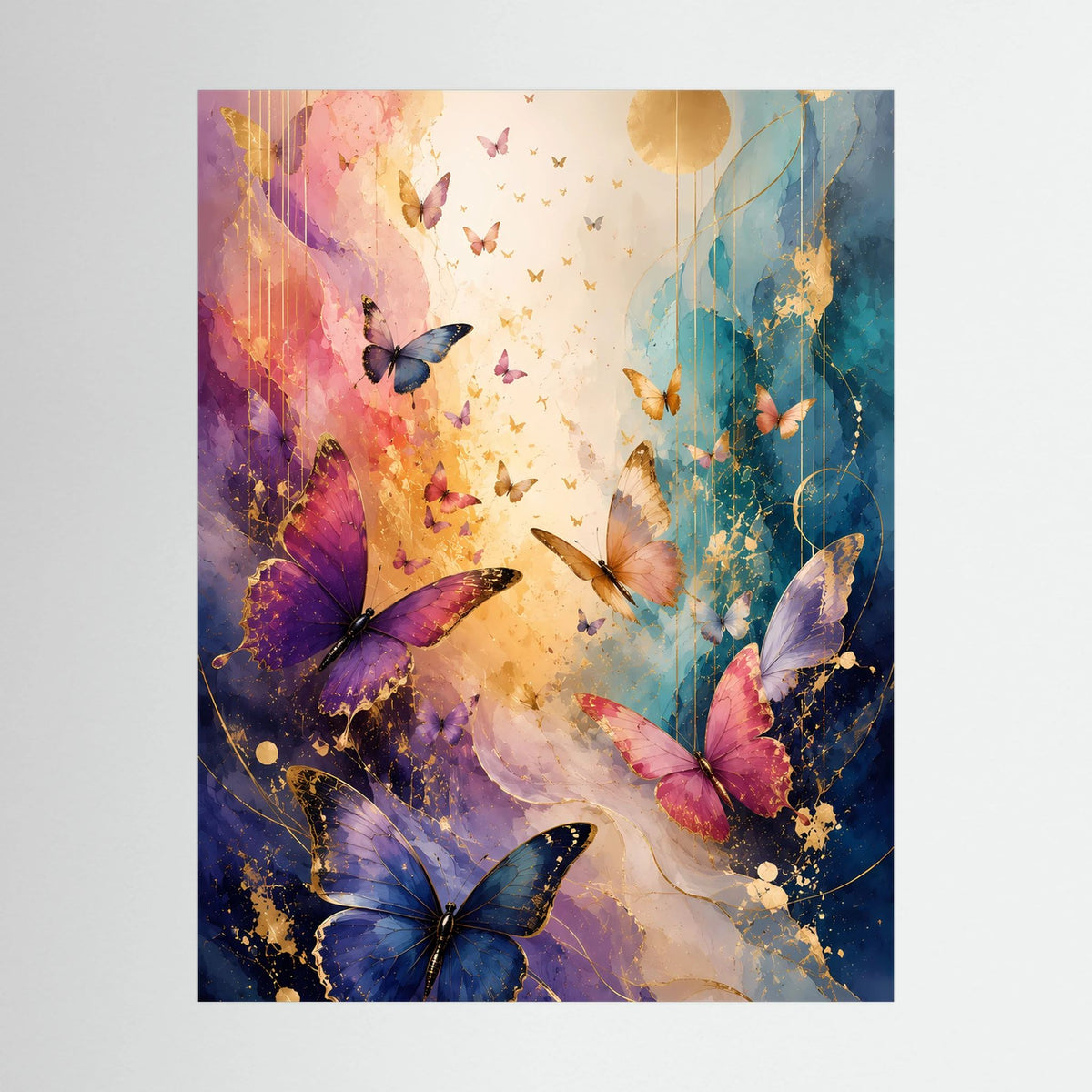 Hochformatiges Poster mit Schmetterlingen in Blau, Rosa und Gold, detailreiche Farbverläufe