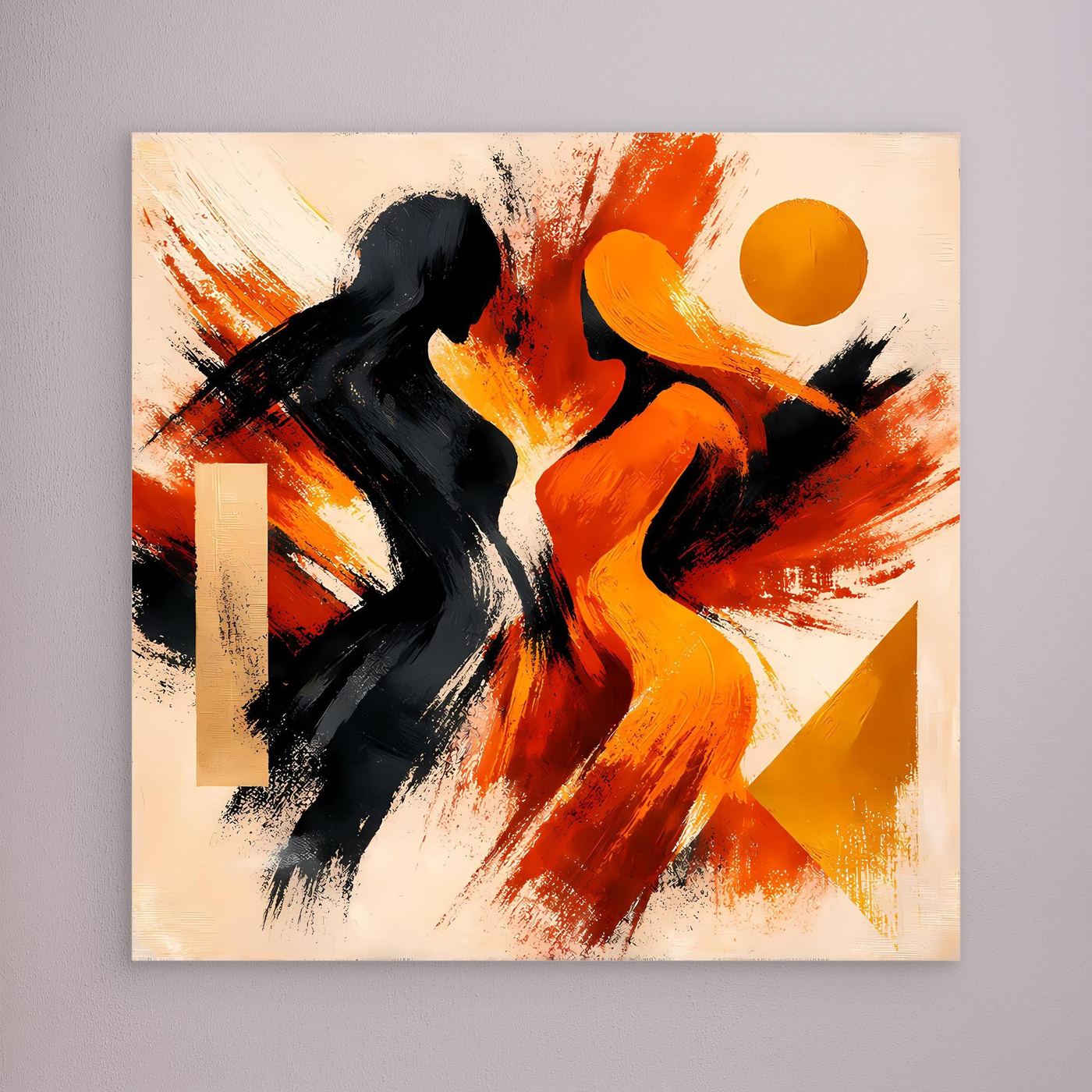 Abstraktes Leinwandbild mit orange-roter Figur und schwarzer Silhouette, ohne Rahmen