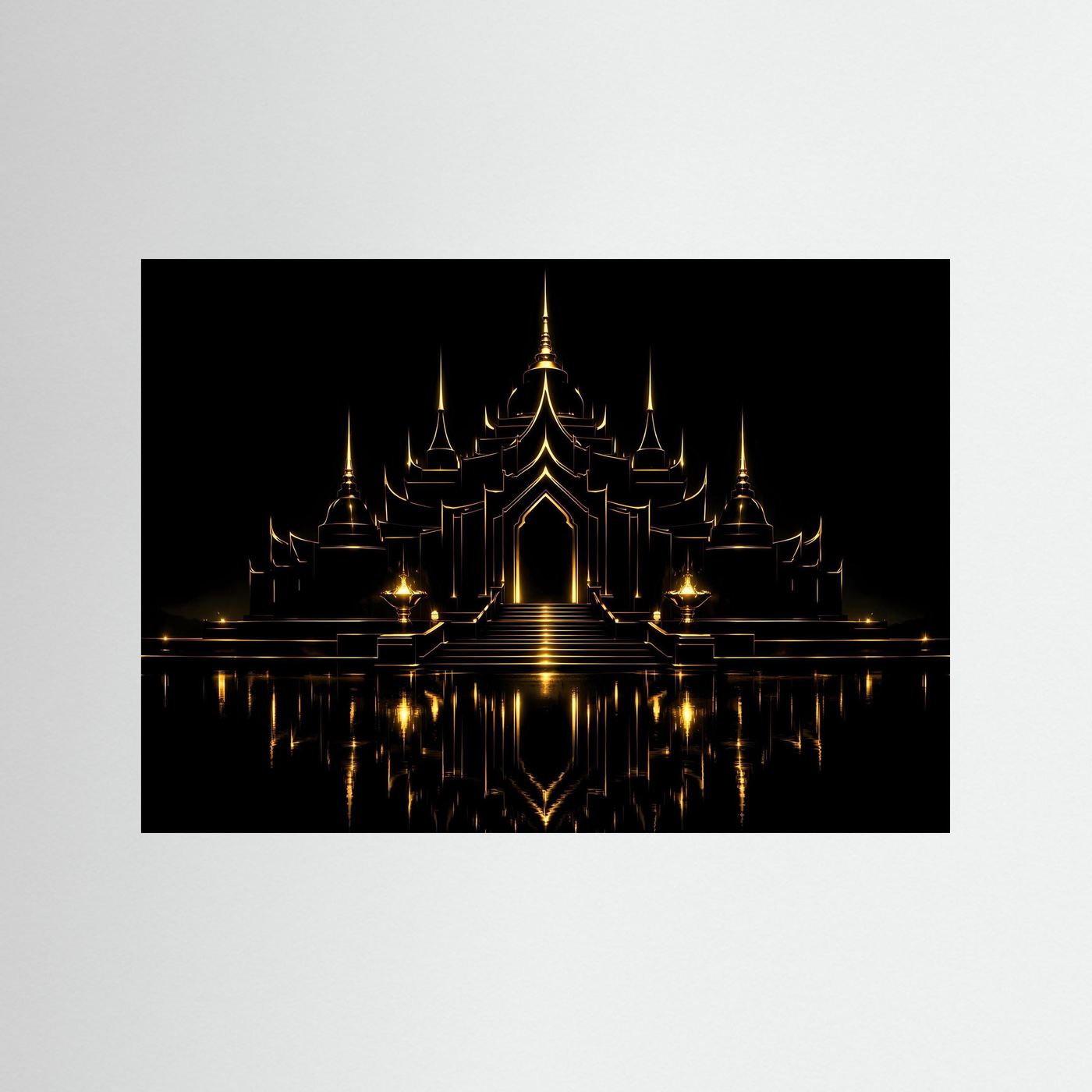 Wandbild mit goldener Tempel-Architektur auf dunklem Hintergrund, schwarzer Rahmen