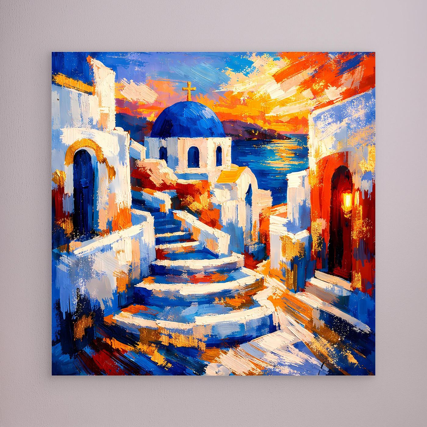 Leinwandbild mit abstrakter Santorin-Gasse, weiße Häuser, blaue Kuppel und Treppe