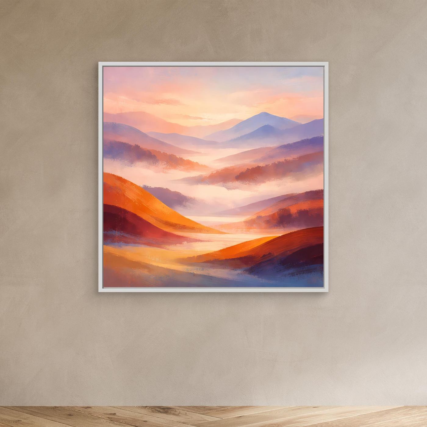 Leinwandbild Berglandschaft in Pastell mit orangefarbenen Hügeln und weißem Rahmen