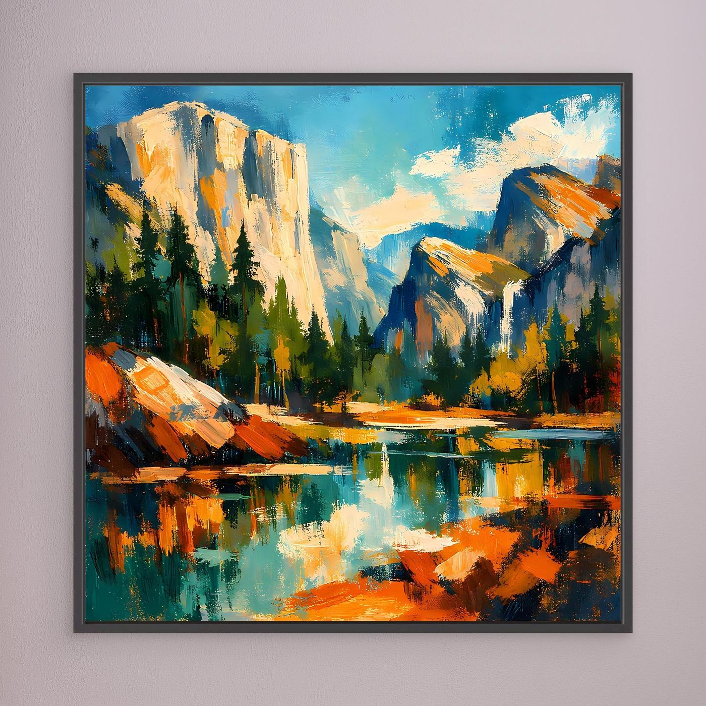 Wandbild auf Leinwand mit abstrakter Berglandschaft und Fluss, schwarzer Rahmen