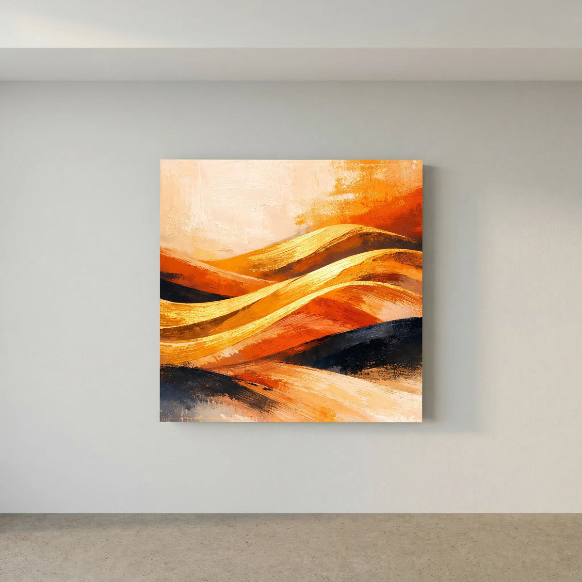 Abstraktes Leinwand-Wandbild mit Wellenlinien aus Sandfarben, Gold-Orange und dunklen Akzenten