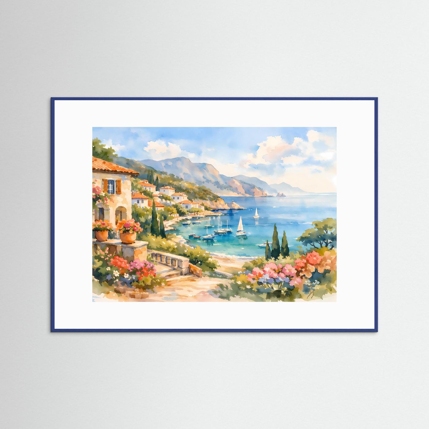 Mittelmeer Küstendorf im Aquarell-Stil | Mediterranes Panorama Poster Querformat