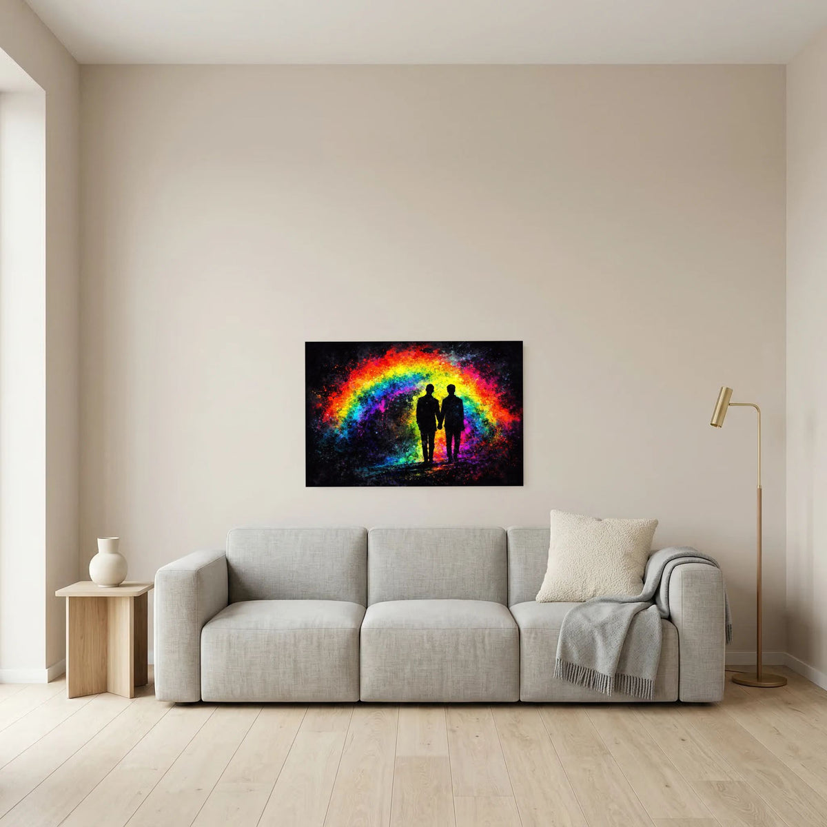 Gerahmtes Wandbild im Querformat mit Silhouettenpaar im Regenbogenbogen, farbiger Kontrast