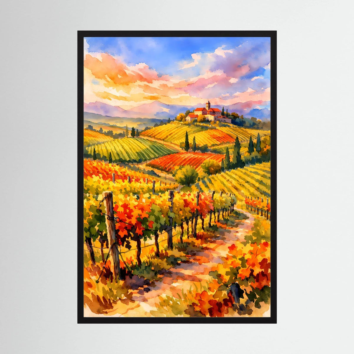 Hochformatiges Weinberg-Poster mit farbenfroher italienischer Landschaft, schwarzer Rahmen