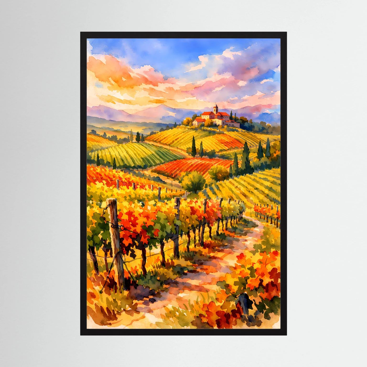 Hochformatiges Weinberg-Poster mit farbenfroher italienischer Landschaft, schwarzer Rahmen