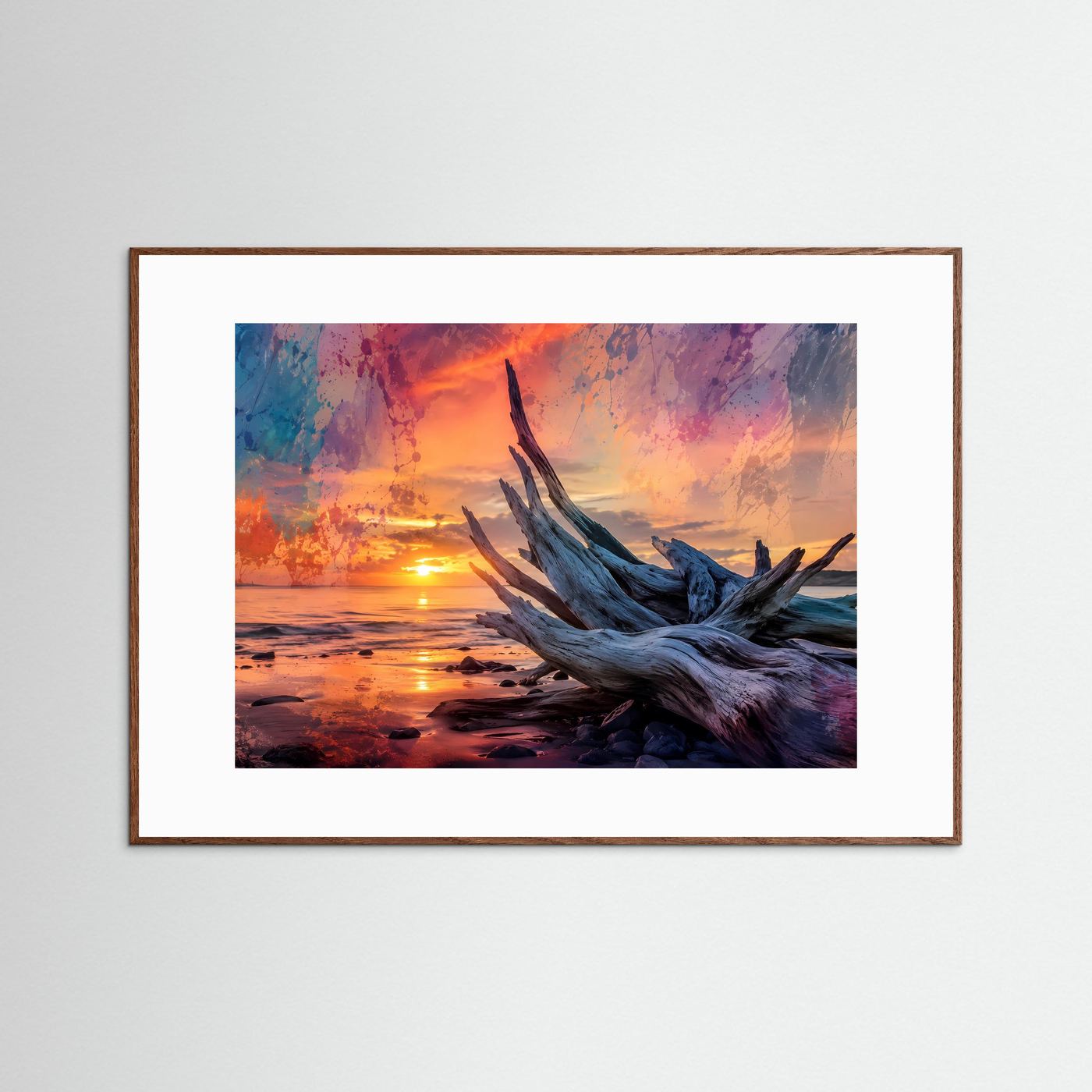 Treibholz am Strand bei Sonnenuntergang | Modernes Küsten & Natur Poster im Querformat