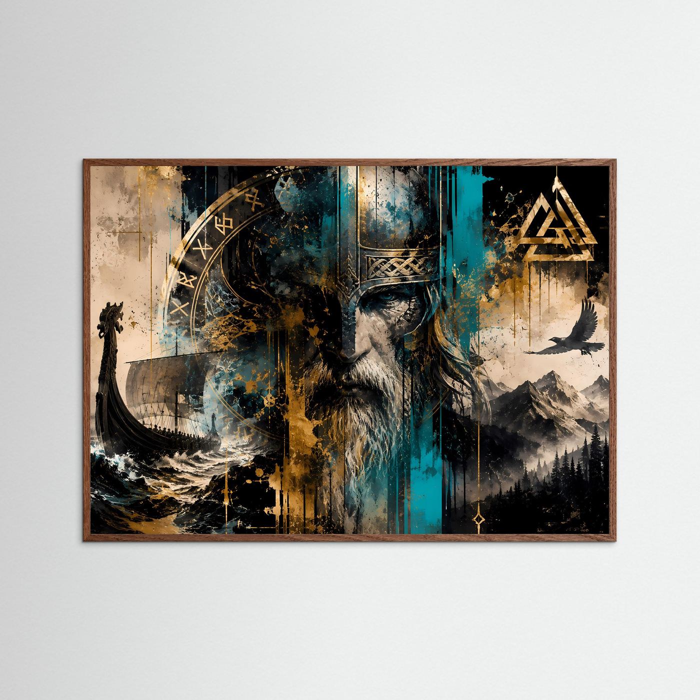Wikinger Krieger mit Runen & Drachenschiff | Nordische Mythologie Poster Panorama Querformat in Gold, Türkis & Schwarz