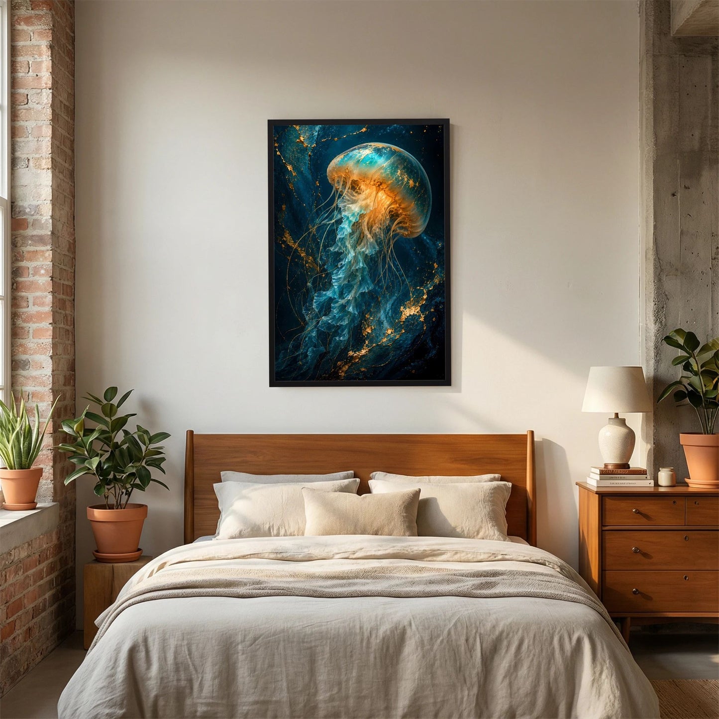 Gerahmtes Poster im Hochformat mit Qualle in Türkis und Gold