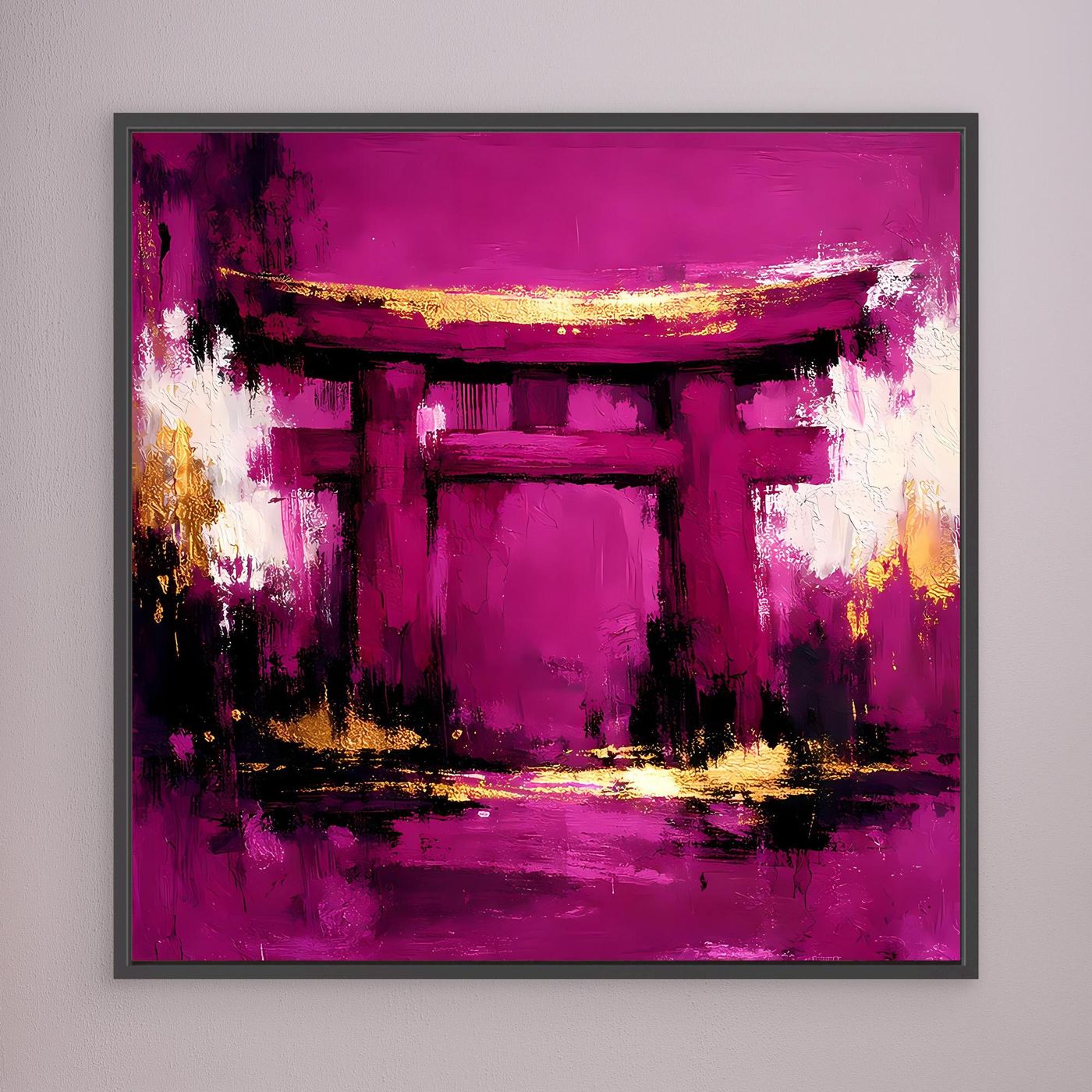 Leinwand Mystisches Torii-Tor in Magenta | Abstraktes Japan Wandbild Moderne Kunst