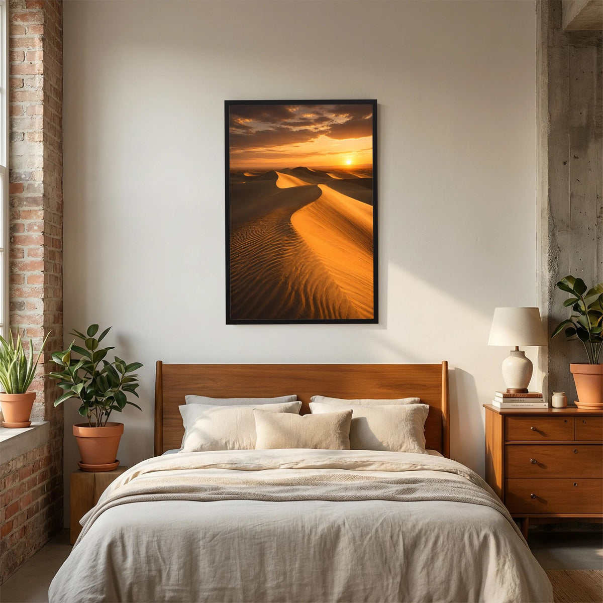 Poster mit Sanddünen und Orange-Sonnenuntergang, schwarzer Rahmen im Hochformat