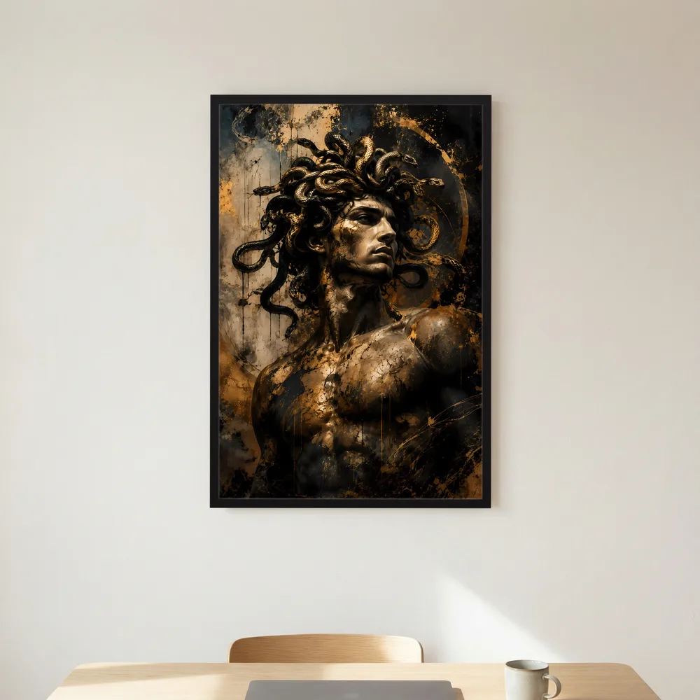Hochformat-Poster: Porträt mit Schlangenkranz, schwarz-gold, schwarzer Rahmen