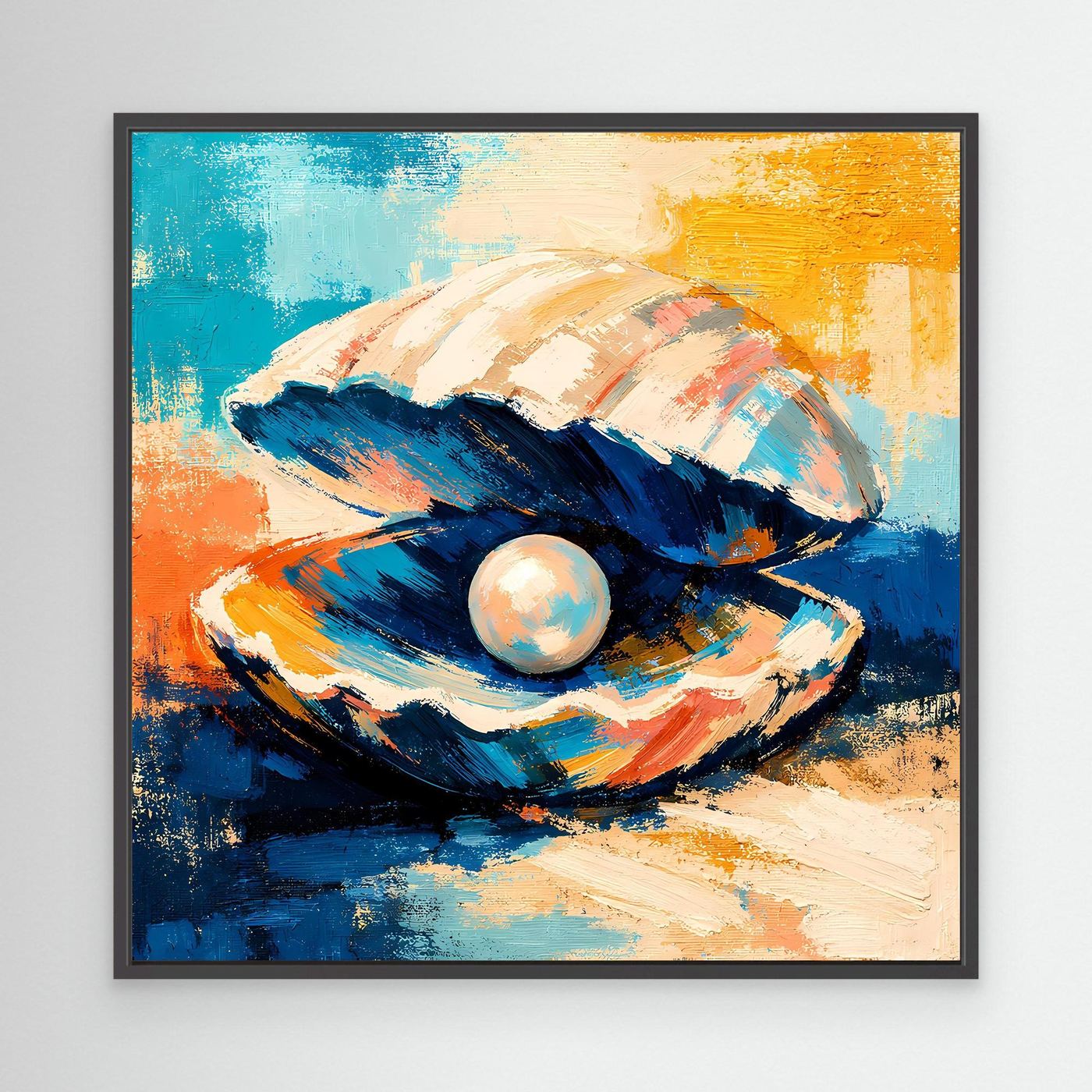Abstract seashell canvas wall art with pearl, orange blue and white tones, black frame
