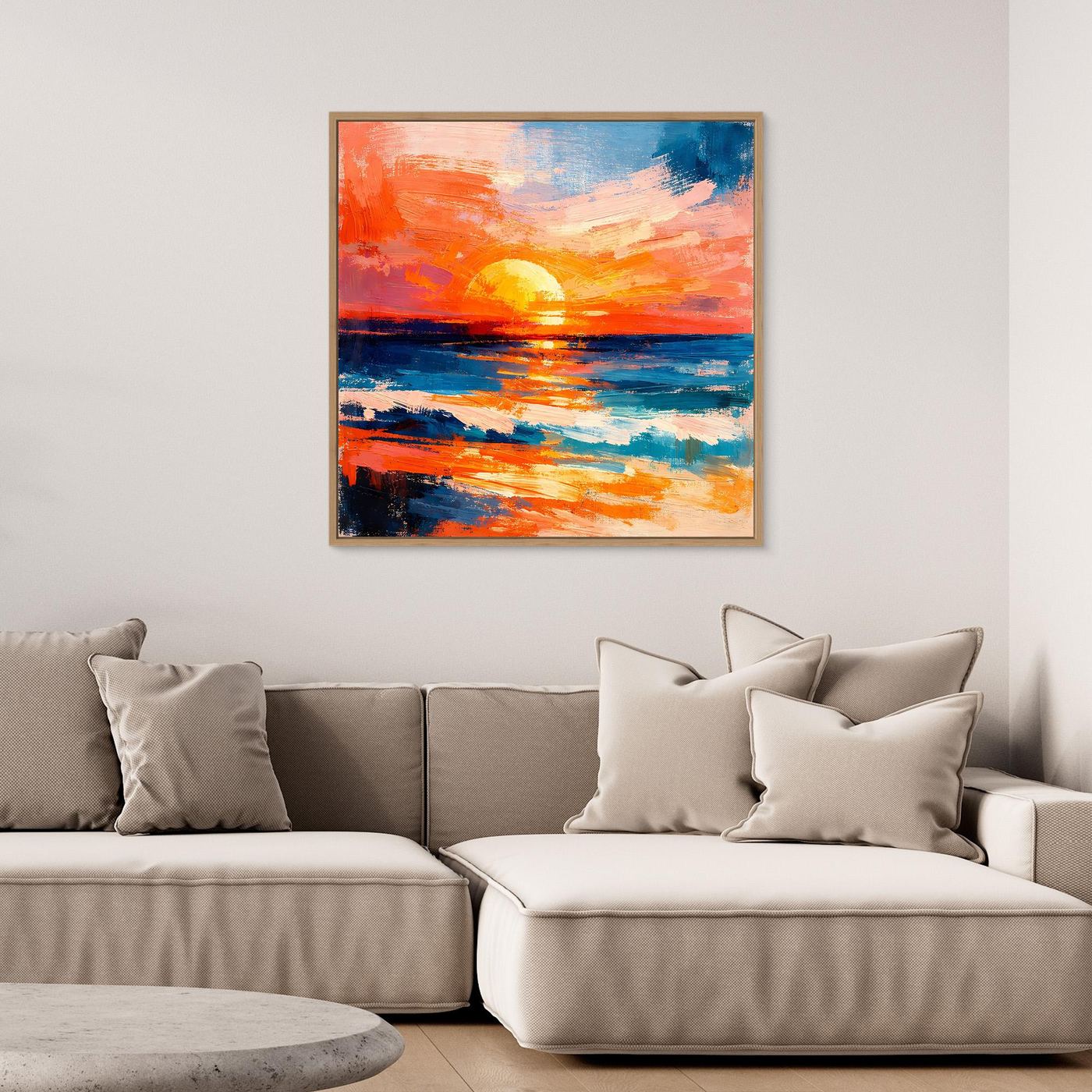 Wood-framed abstract ocean canvas with orange sunset and blue wave strokes