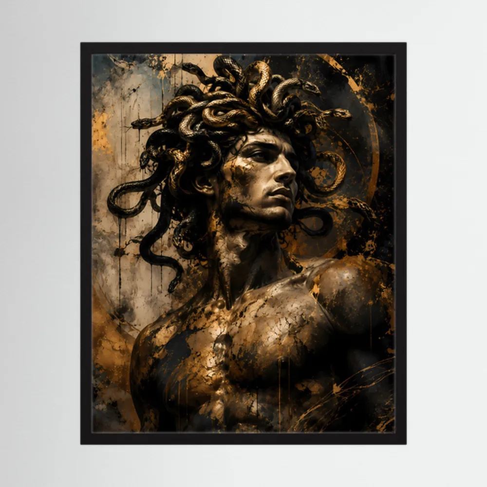 Hochformat-Poster im schwarzen Rahmen mit Männerporträt und Schlangen in Schwarz und Gold